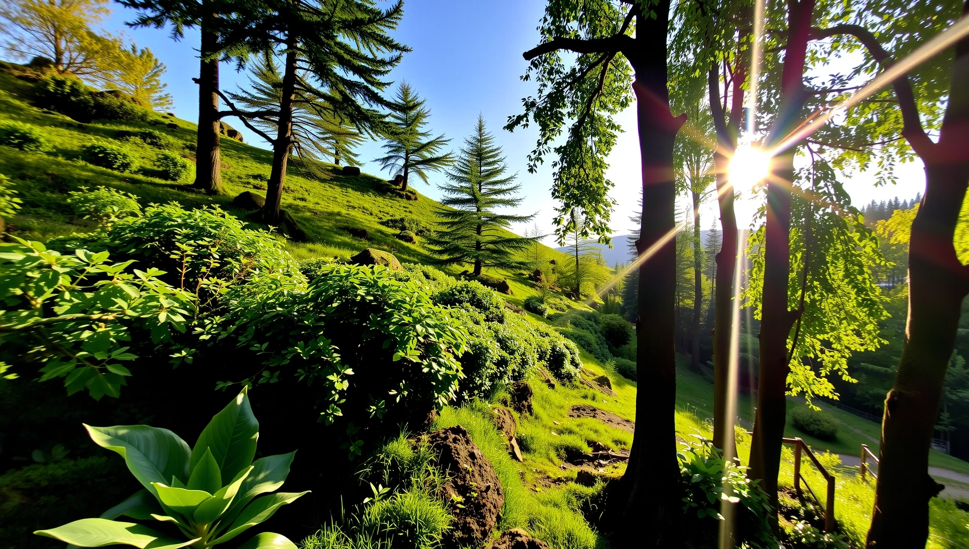 Peisaj natural vibrant cu vegetație luxuriantă și lumină solară caldă, simbolizând sănătatea și vitalitatea