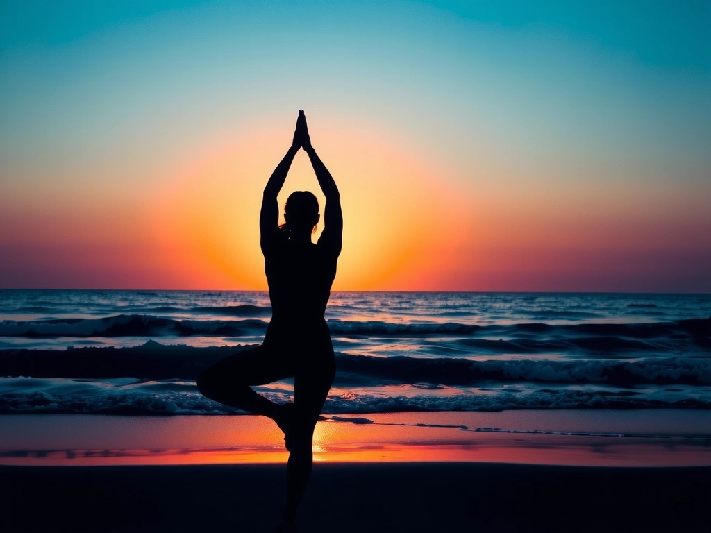 Silueta unei persoane făcând yoga la răsăritul soarelui pe o plajă, simbolizând pacea și echilibrul