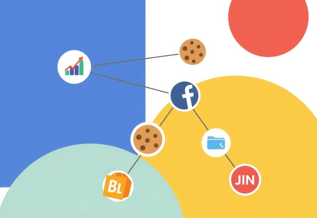 Ilustrație cu conexiuni între site-uri web și terțe părți, reprezentând cookie-uri de la terți