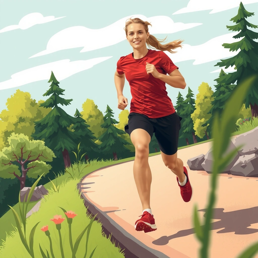 Ilustrație cu o persoană activă, alergând în natură, simbolizând activitatea fizică