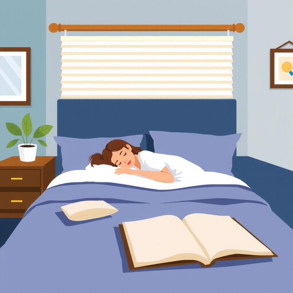 Ilustrație cu un pat confortabil și o persoană dormind liniștit, simbolizând calitatea somnului
