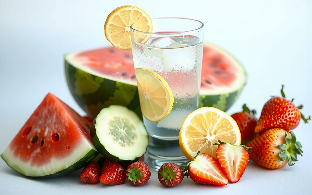 Un pahar cu apă proaspătă și felii de lămâie, alături de fructe hidratante