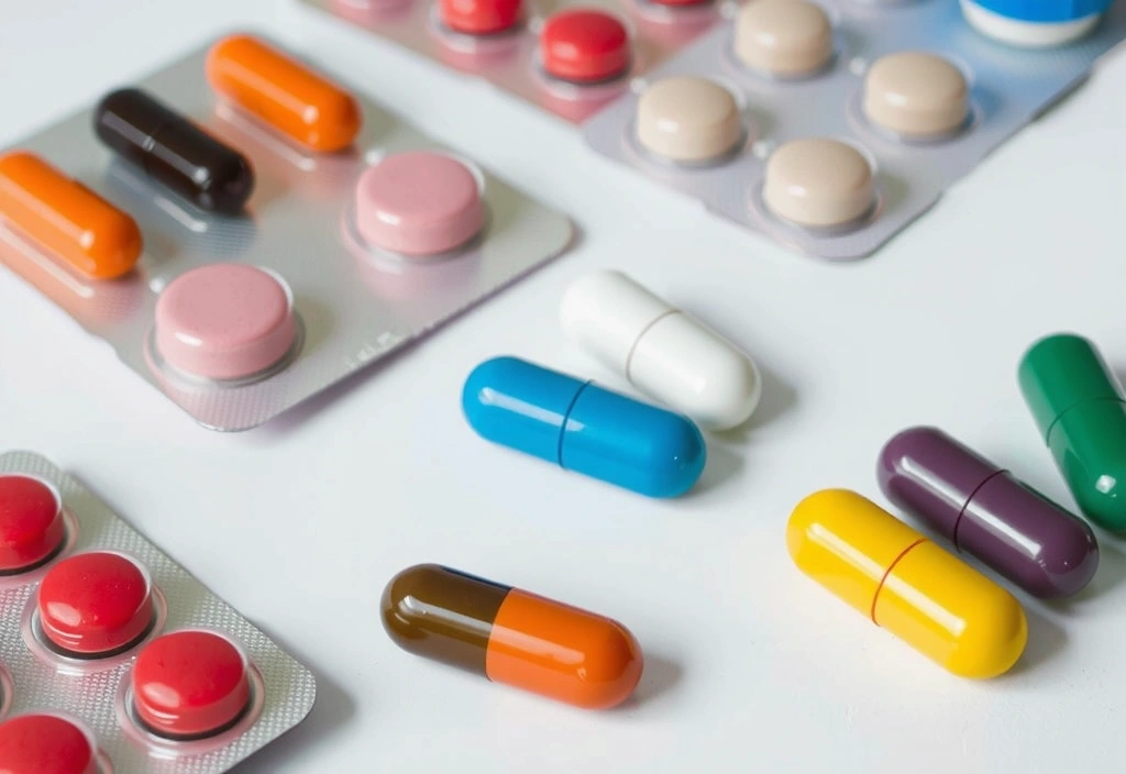 A variety of colorful vitamin and mineral pills neatly arranged in a stylized, modern setting, emphasizing health and wellness.